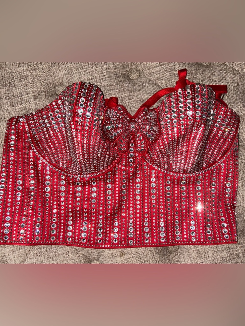 BNWOT Victoria Secret Red Crystal-Embellished Strapless Bustier Top. Size LG.